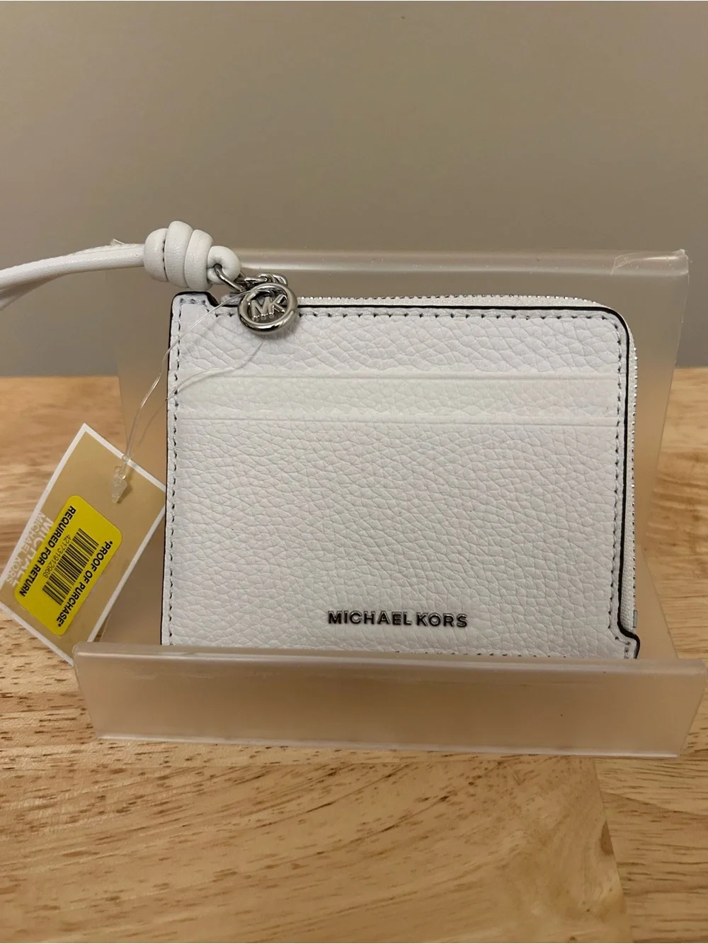Michael Kors White Pebbled Leather Zip Card Case with MK Charm